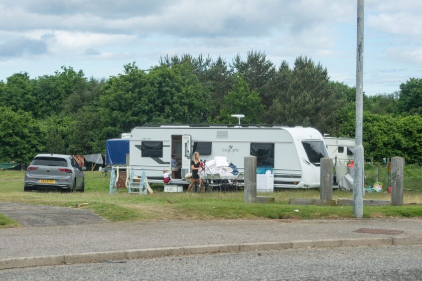 Traveller caravans next to Forres Enterprise Park.