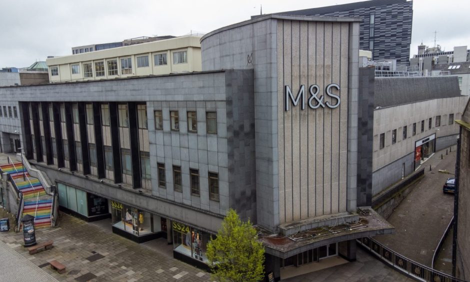 An aerial image of the Marks and Spencer building in Aberdeen city centre.