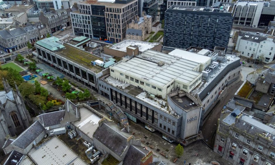 An aerial image of the Marks and Spencer building in Aberdeen city centre.