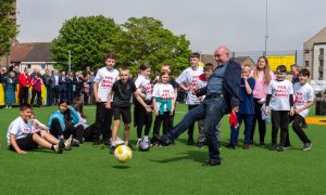 The Denis Law Legacy Trust, Aberdeen City Council and the Johan Cruyff Foundation officially open Cruyff Court Willie Miller, named after Aberdeen FC's legendary captain Willie Miller, in Tillydrone. Willie Miller taking a penalty to mark the opening. Image: Kenny Elrick/DC Thomson.