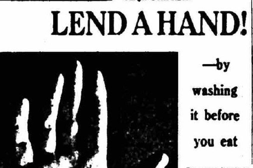 1964 newspaper headline reads: "Lend a hand! -by washing it before you eat."