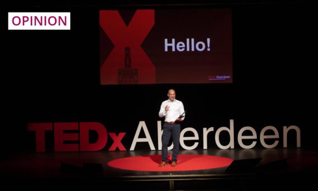 Moray Barber speaking at TEDx Aberdeen 2021 - which went a lot better than the fateful WAGS Dinner. Image: Michal Wachucik/Abermedia