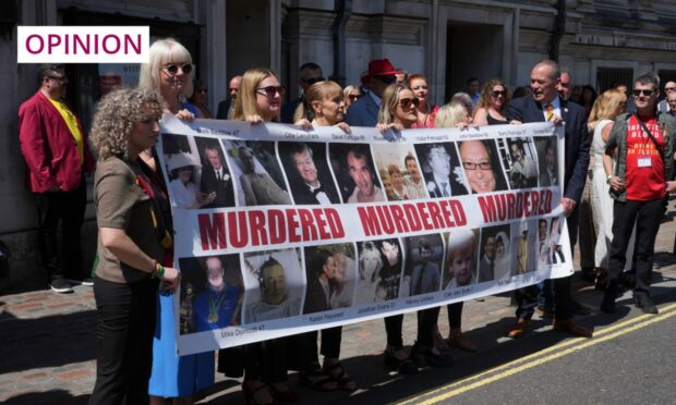 Victims and campaigners in London, after the publication of the infected blood inquiry report on Monday. Image: Jeff Moore/PA Wire