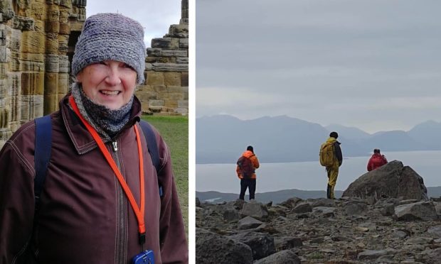 Picture of Lochaber MRT members overlooking the water from Rum next to a picture of missing Mary Molloy wearing a hat and burgundy jacket.