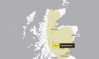 Map of Scotland covered by a yellow weather warning for Thunderstorms.