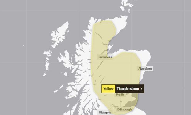 Map of Scotland covered by a yellow weather warning for Thunderstorms.