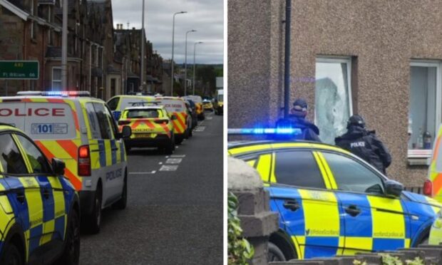 Armed police working in Inverness and a second image shows a broken window.
