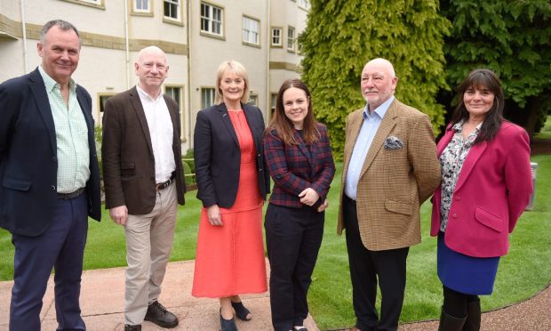 (L-R) Stuart McColm of Cabot Highland, George Baxter of Green power, Yvonne Crook, Deputy First Minister Kate Forbes, Willie Cameron and Samantha Faircliffe of the Cairngorm Brewery at the conference on Friday.
Image: Sandy McCook/DC Thomson