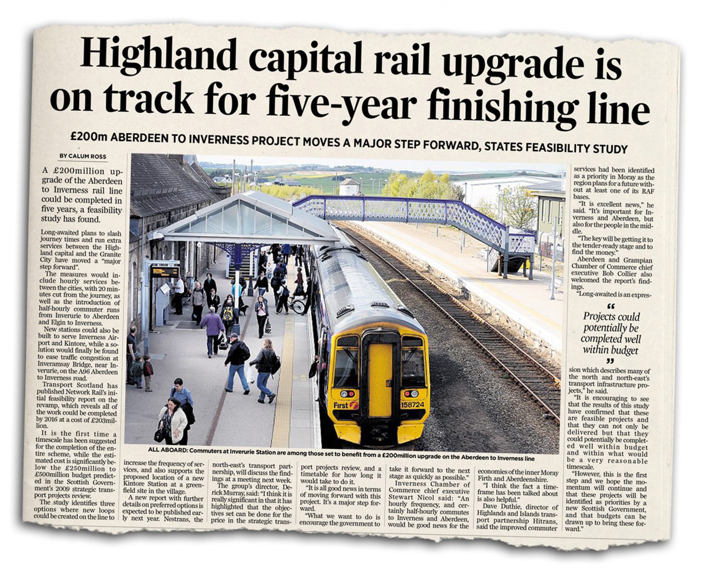 Newspaper clipping titled "Highland capital rail upgrade is on track for five-year finishing line". 