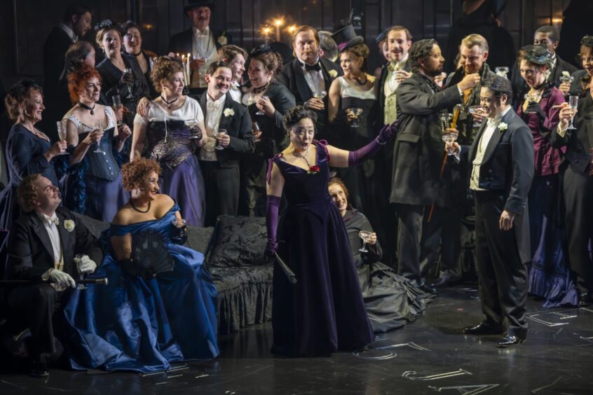 A preview of La traviata with Hye-Youn Lee as Violetta Val?ry Picture shows; Ross Cumming (Marchese D'Obigny), Lea Shaw (Flora), Hye-Youn Lee (Violetta Val?ry) and Ji-Min Park (Alfredo Germont) in La traviata..