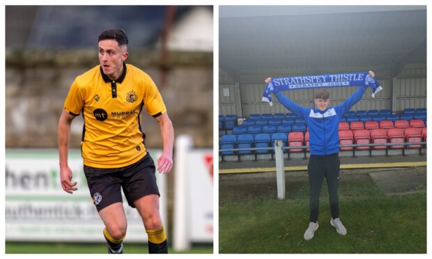 Scott Davidson, left, has signed for Clachnacuddin. Scott is pictured during his time at former club Nairn County.
Lewis Mackie, right, has signed for Strathspey Thistle.

Collage created on May 13 2024 for a Highland League transfer story.