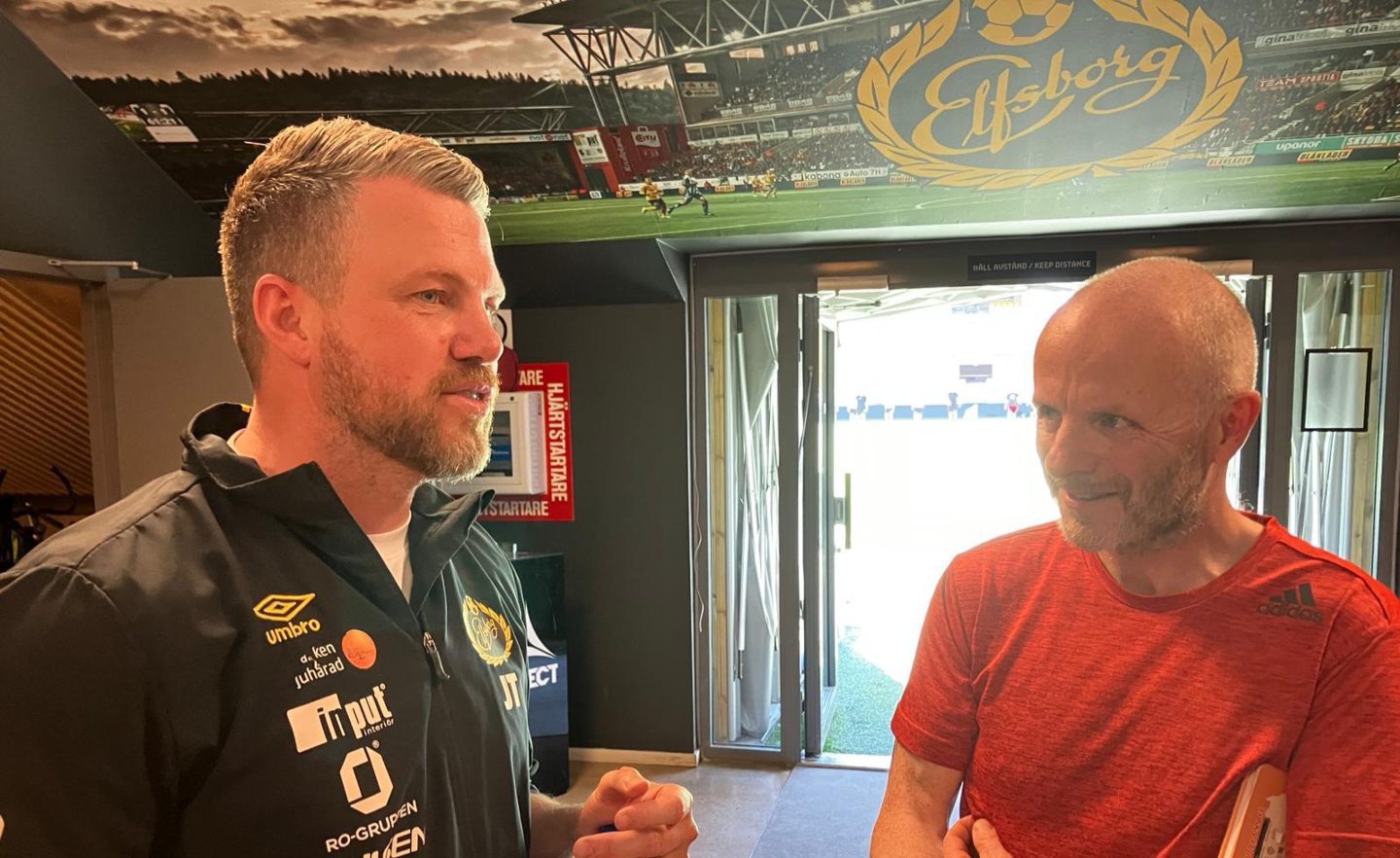New Aberdeen manager Jimmy Thelin talks with Sean Wallace at the Boras Arena, Sweden.