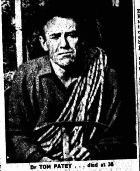 A black and white newspaper image of mountaineer Dr Tom Patey.