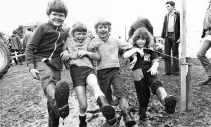 1979: Welly boots were a must at the show ... and in their element as they slush through are, from left, Lesley Low (6), Turriff; Lewis Stewart (10), Rothienorman; David Low (7) and Amanda Rainger (4), both Turriff.
Image: DC Thomson