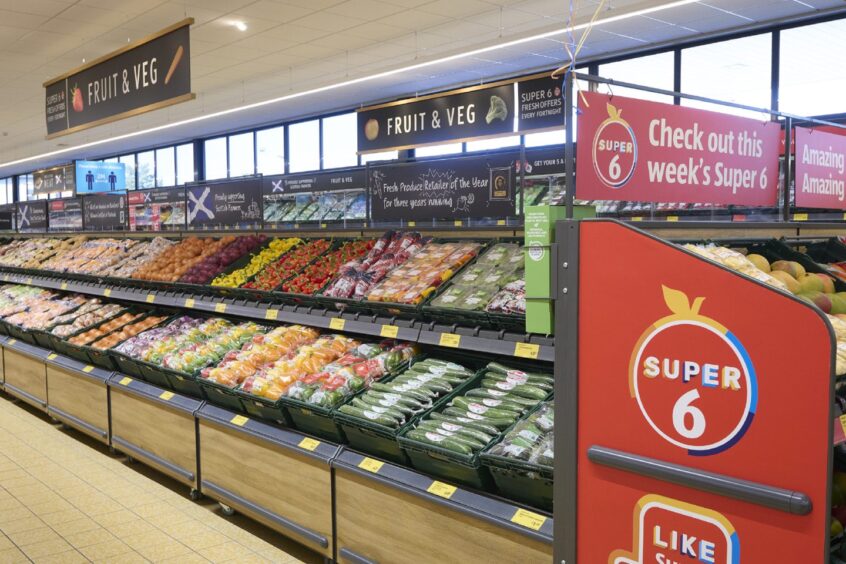 Fruit and veg aisle in Aldi. 