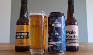 The three Moray beers being reviewed in bottles and cans.