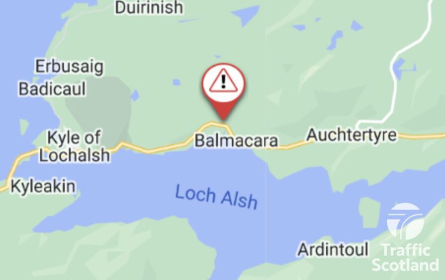 Map shows location of crash on A87 near Balmacara leaving route to and from Isle of Skye is currently impassable.