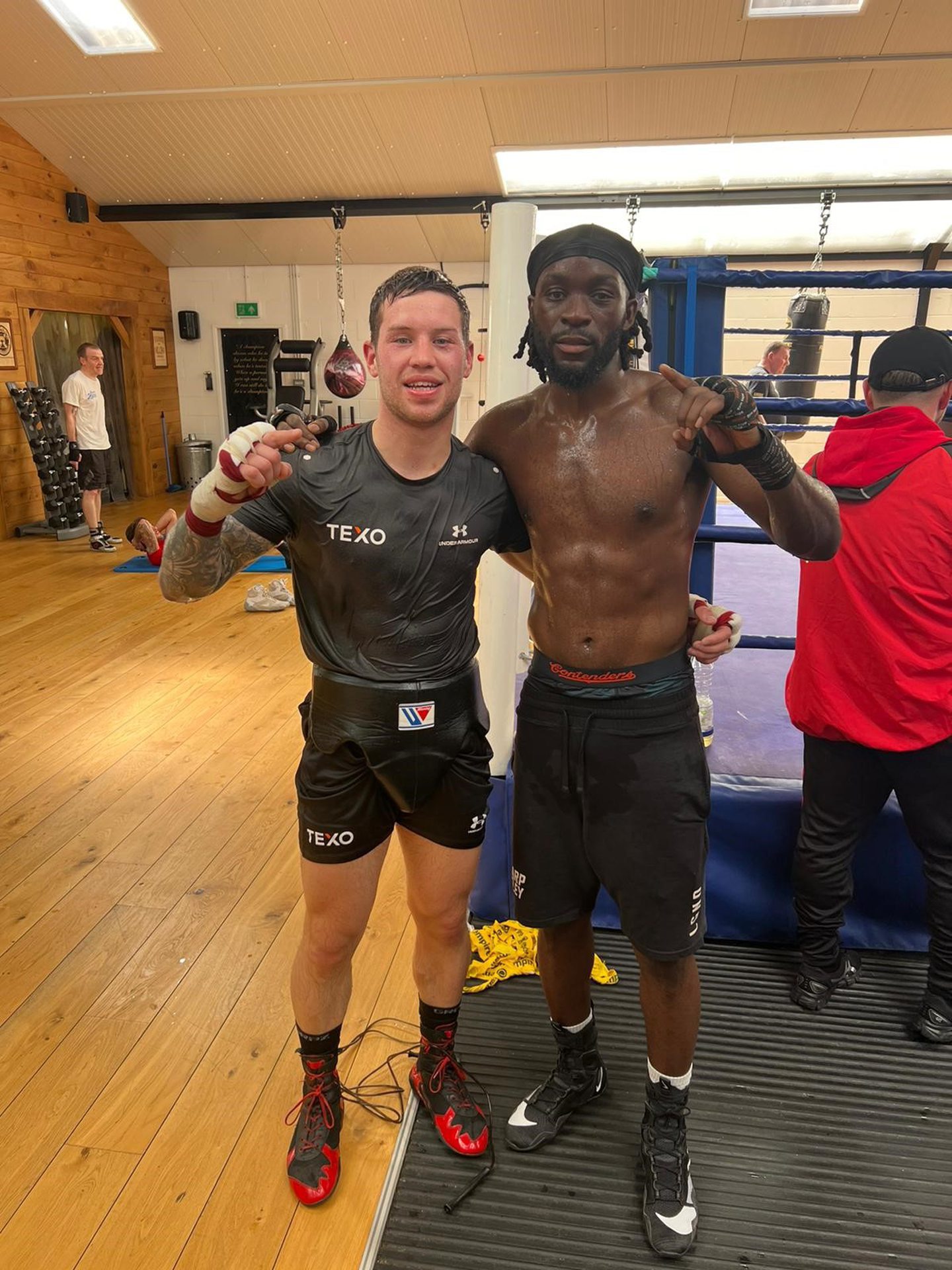 Aberdeen boxer Dean Sutherland (l) and World title contender Denzel Bentley . London. Supplied by Dean Sutherland 