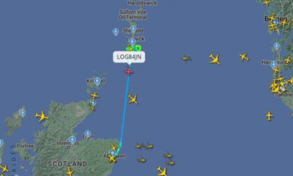 Map showing flight path of flight from Aberdeen to Sumburgh.