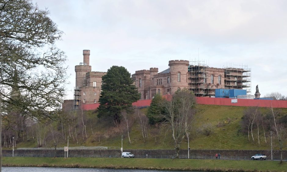 Scaffolding surrounding Inverness Castle under construction