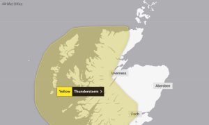 Map of Scotland showing yellow weather warning for thunderstorms.