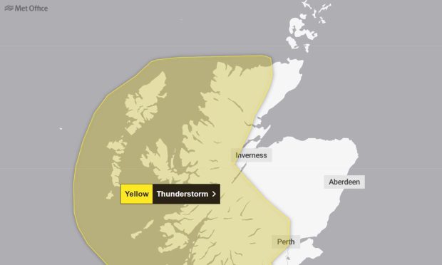 Map of Scotland showing yellow weather warning for thunderstorms.
