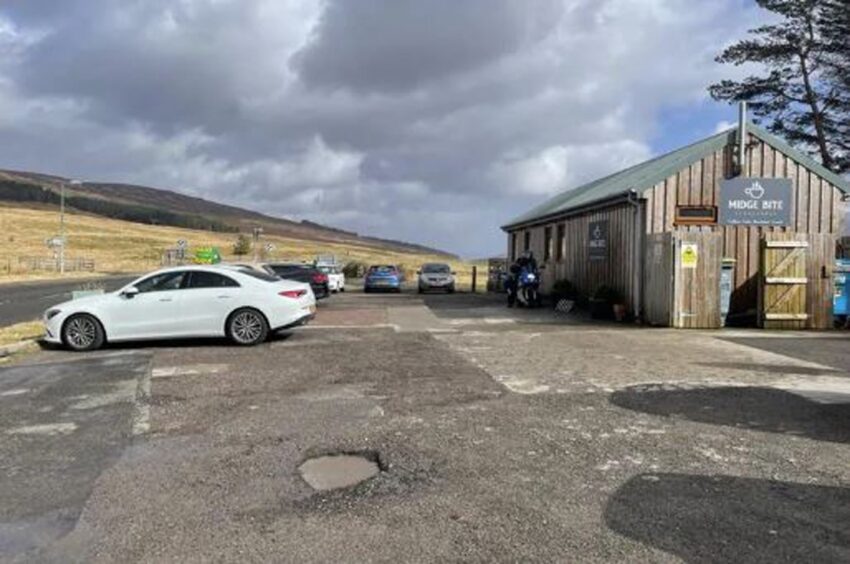 The car park at Midge Bite Cafe on the NC500