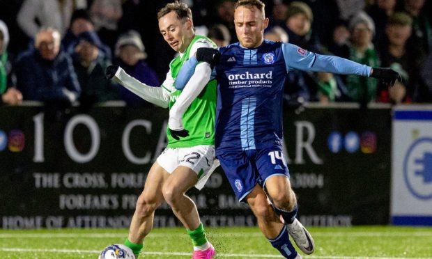 Harry McKirdy of Hibernian and Seb Ross of Forfar  compete for possession of the ball. Image: Shutterstock.