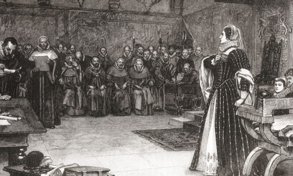 Drawing of Mary Queen of Scots in court