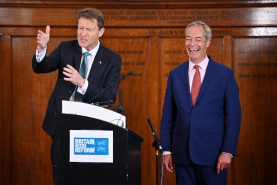 Mandatory Credit: Photo by James Veysey/Shutterstock (14539392ay)
Richard Tice and Nigel Farage
Farage and Tice Talk Crossover between Reform and the Conservative Party, London, UK - 14 June2024