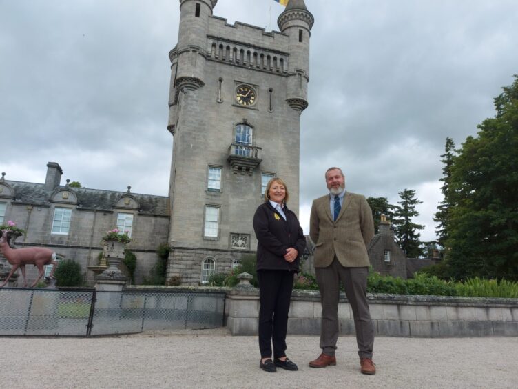 James Hamilton-Goddard, visitor enterprise manager at Balmoral, and curator Sarah Hoare outside Balmoral Castle ahead of the exclusive interior tour.