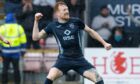 Simon Murray celebrates scoring in the play-off final against Raith Rovers in the 2023-24 kit. Image: SNS