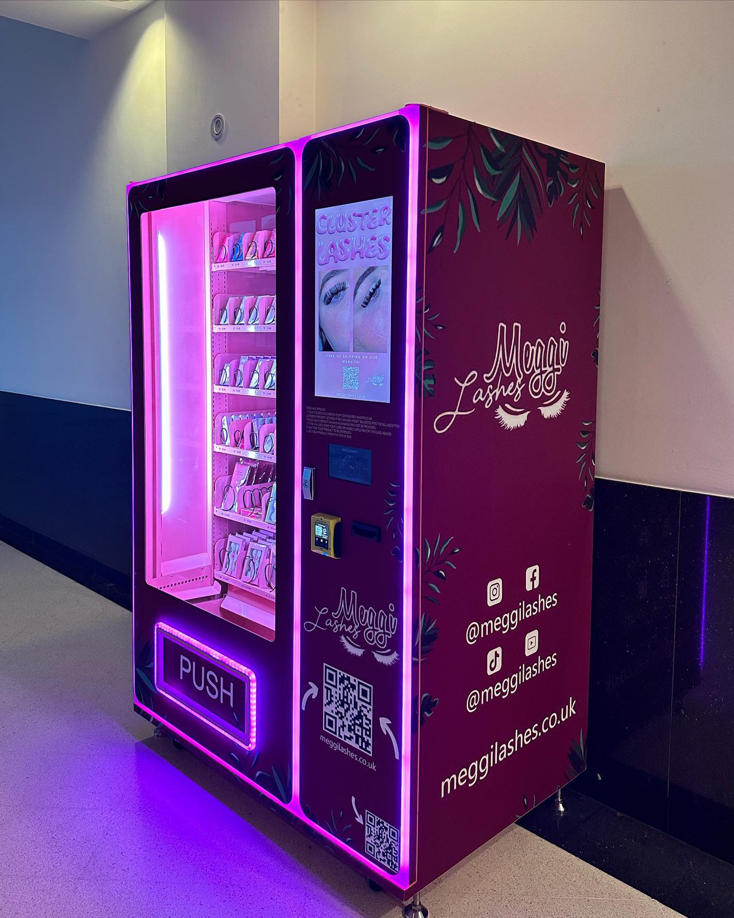 Pink Meggi Lashes vending machine in Inverness