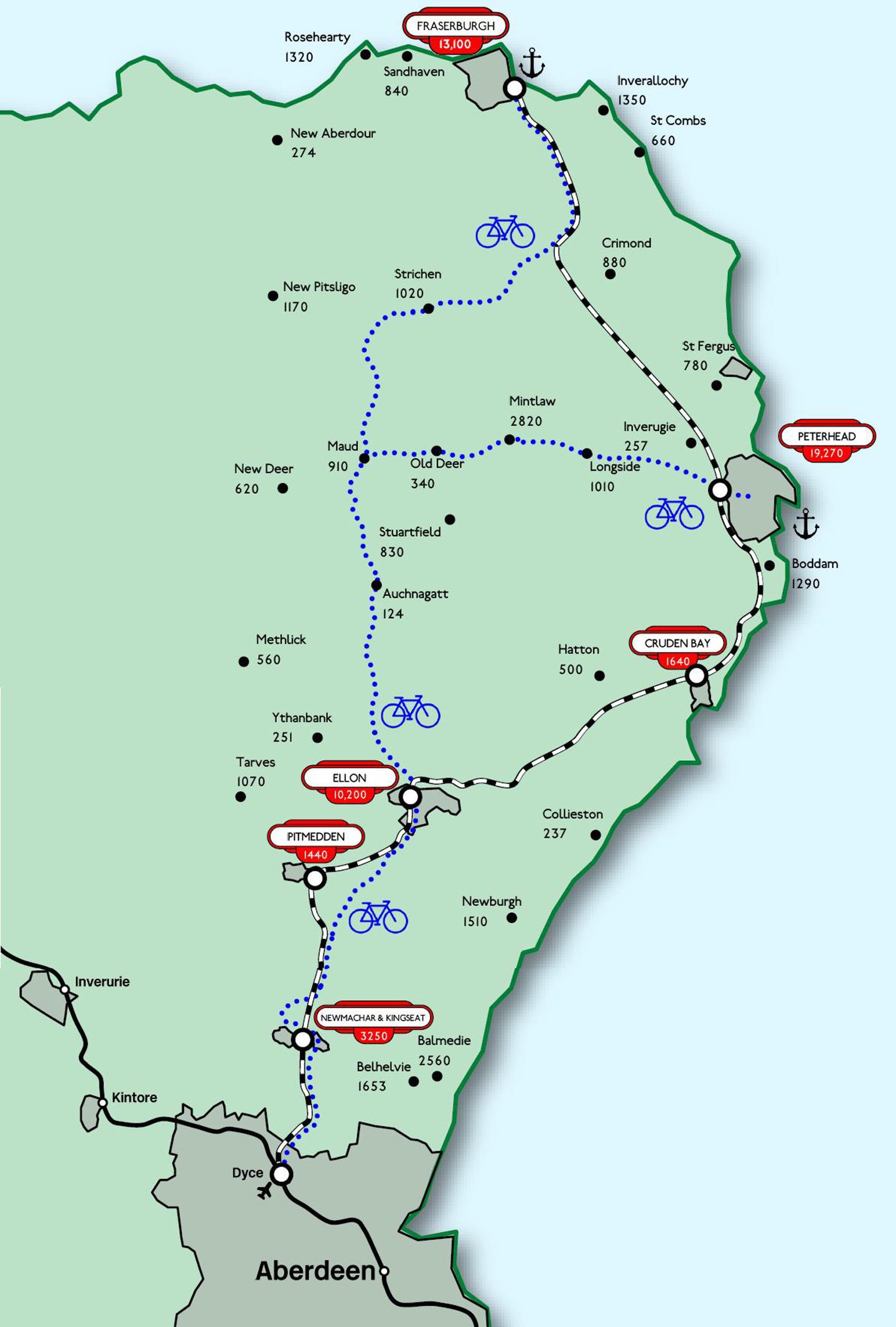 Map showing preferred route of new rail line from Aberdeen to Fraserburgh via Peterhead