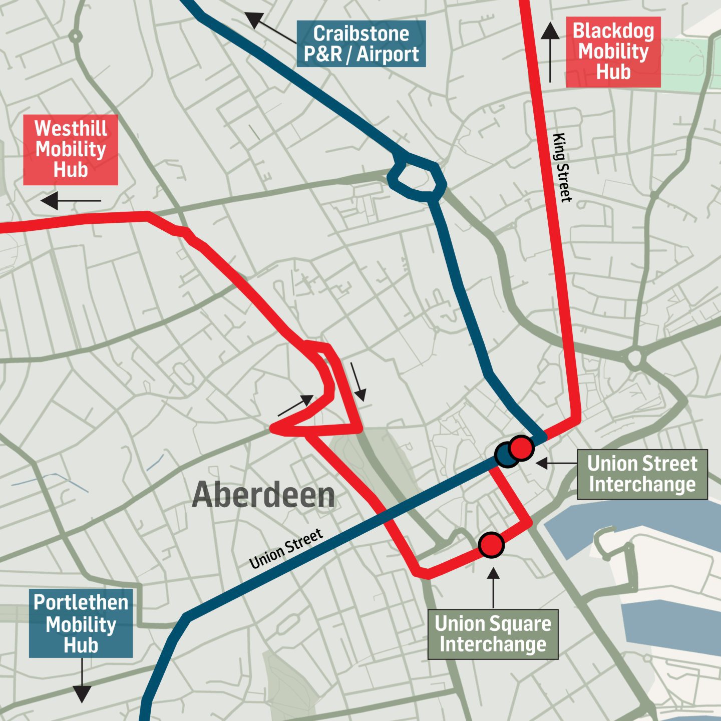 A map of the Aberdeen Rapid Transit route in the city centre