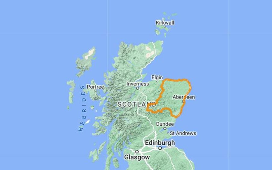 Map showing the food alert area in Aberdeenshire