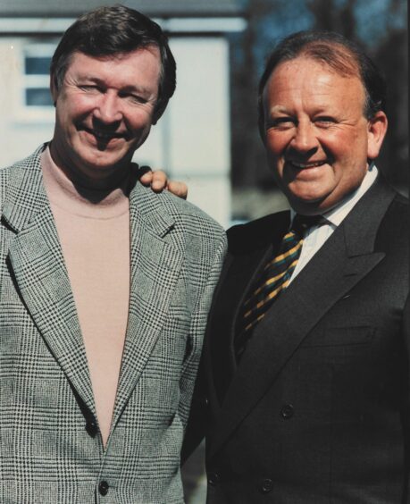 Former Aberdeen FC boss Sir Alex Ferguson, left, with hotelier Stewart Spence at the Marcliffe. 