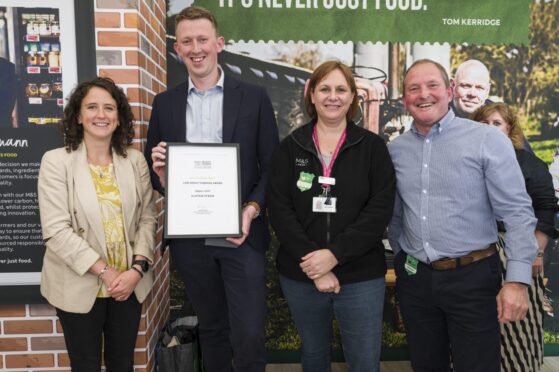 From left, Mairi Gougeon, Cabinet Secretary for Rural Affairs, Land Reform and Islands, winner Alistair McBain, Sue Campbell M and S Head of Trade for Meat, Fish, Poultry, Deli and Dairy ,and Steve McLean M and S Head of Agriculture and Fisheries.