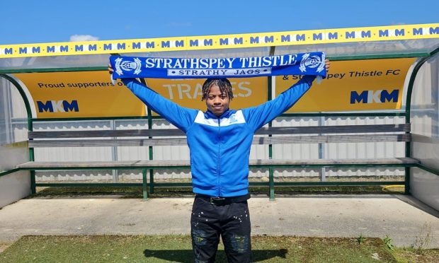 New Strathspey Thistle signing Doguie Doeimassei Muller pictured at Seafield Park.
Pictures courtesy of Strathspey Thistle FC - please credit with use.