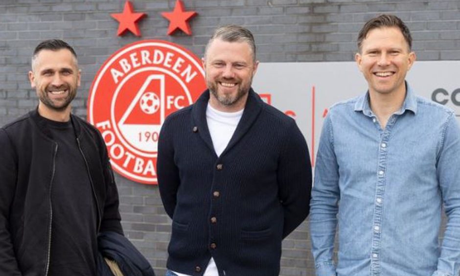 . New Aberdeen manager Jimmy Thelin, centre, with assistants Emir Bajrami, left, and Christer Persson. Supplied by Aberdeen FC
