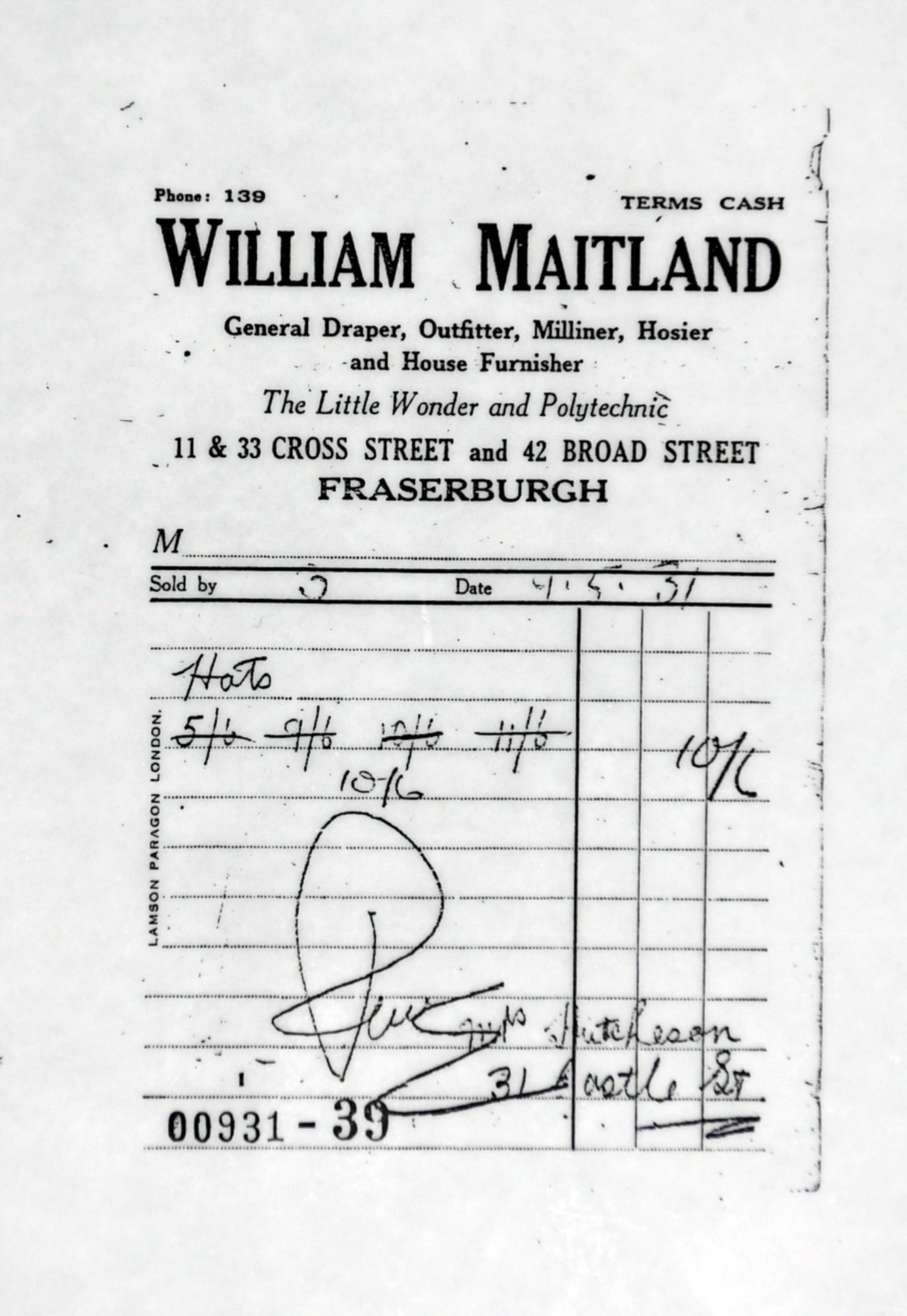 A Maitland's hat receipt from 1931. 