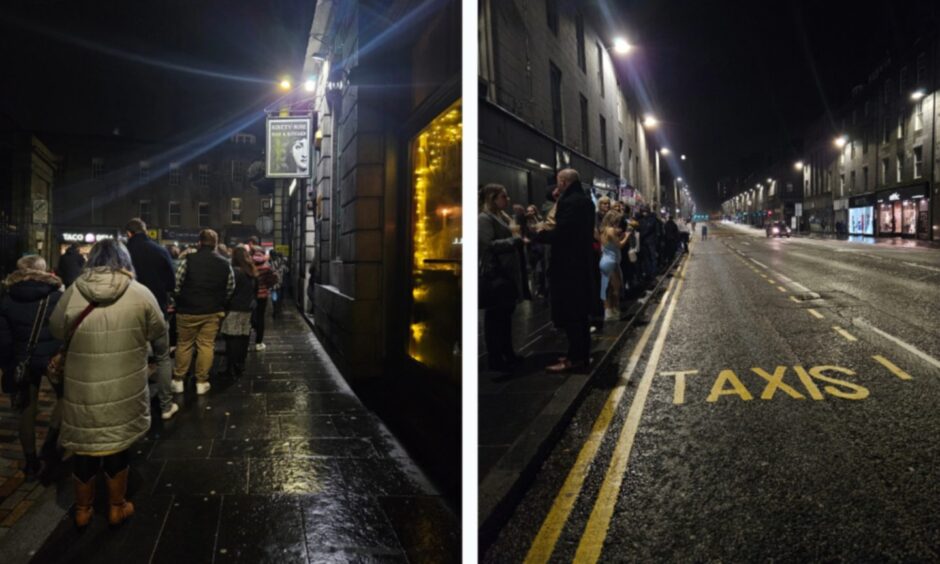 The Aberdeen taxi trade has faced criticism for being unable to clear queues at ranks, such as these on Union Street and Back Wynd, on busy Friday and Saturday nights. Image: Lauren Taylor/DC Thomson