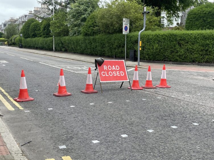 Road closed sign from Argyll Crescent.