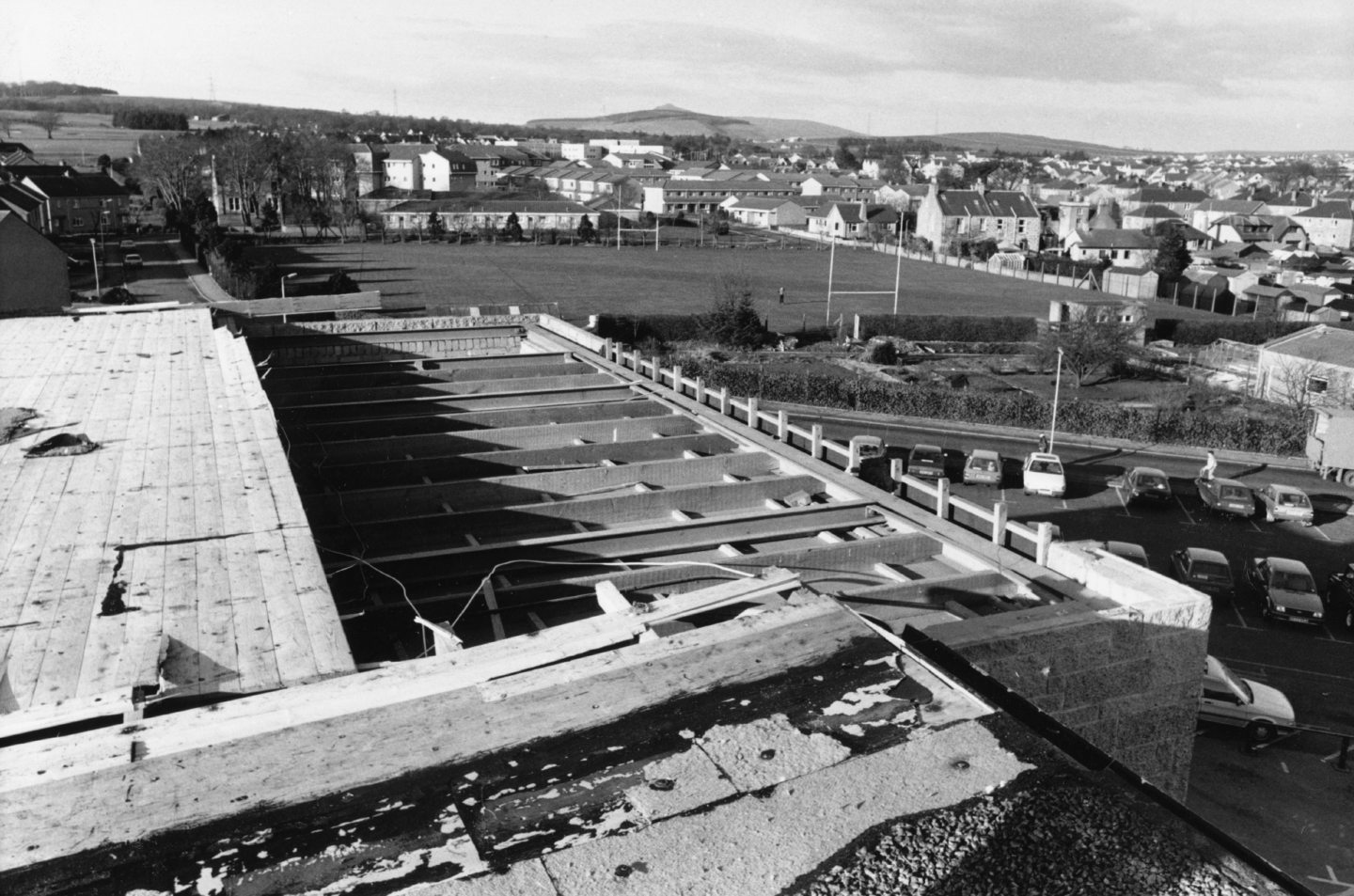 A section of the Inverurie Academy roof after being torn off