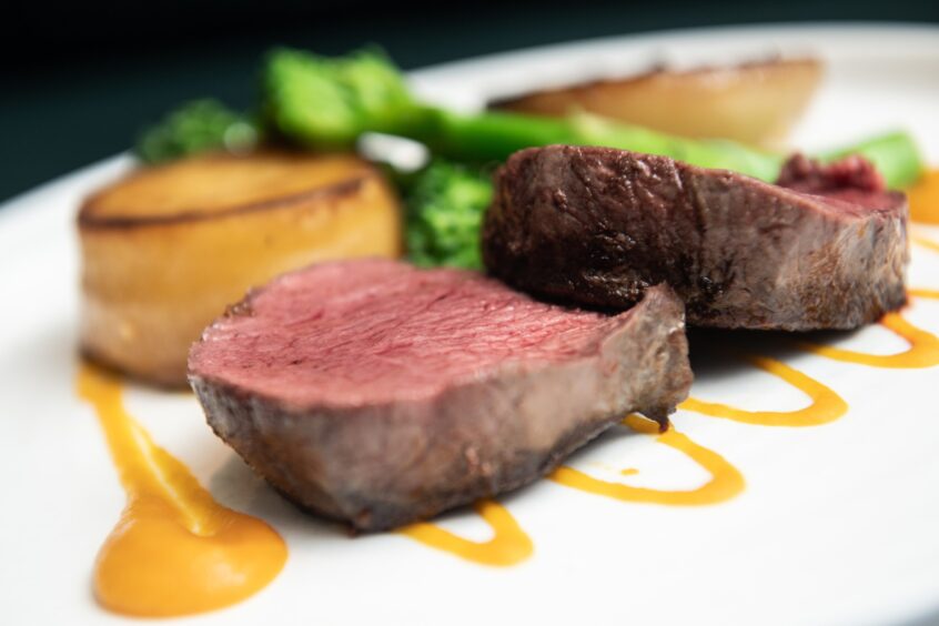 Another view of the venison with caramelised onions, potato fondant and tenderstem broccoli.