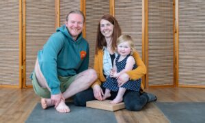 Elgin Yoga Centre's Paul Gibson pictured with his wife Heather Fulton and daughter Noomi Fulton. Image: Jason Hedges/DC Thomson
