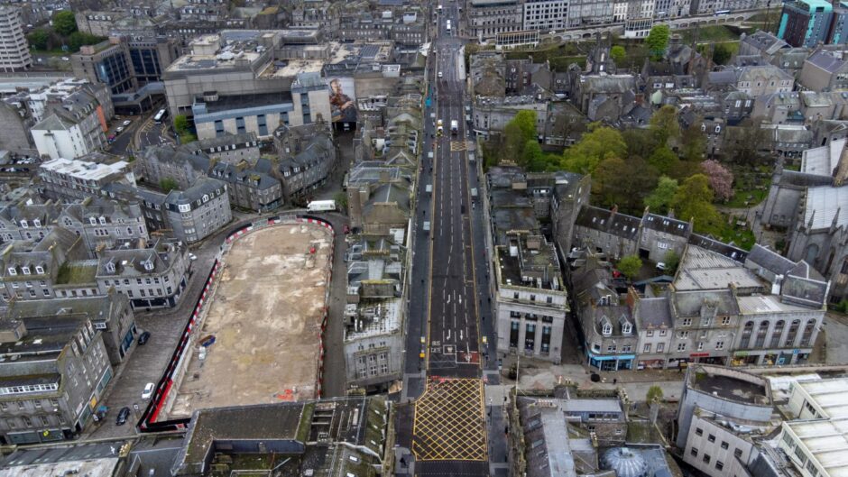Aerial view of Union Street, the Adelphi bus gate and the demolished Aberdeen Market site.