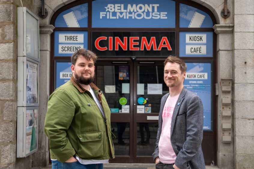 Jacob Campbell and Dallas King from Belmont Community Cinema outside the Belmont Cinema. 