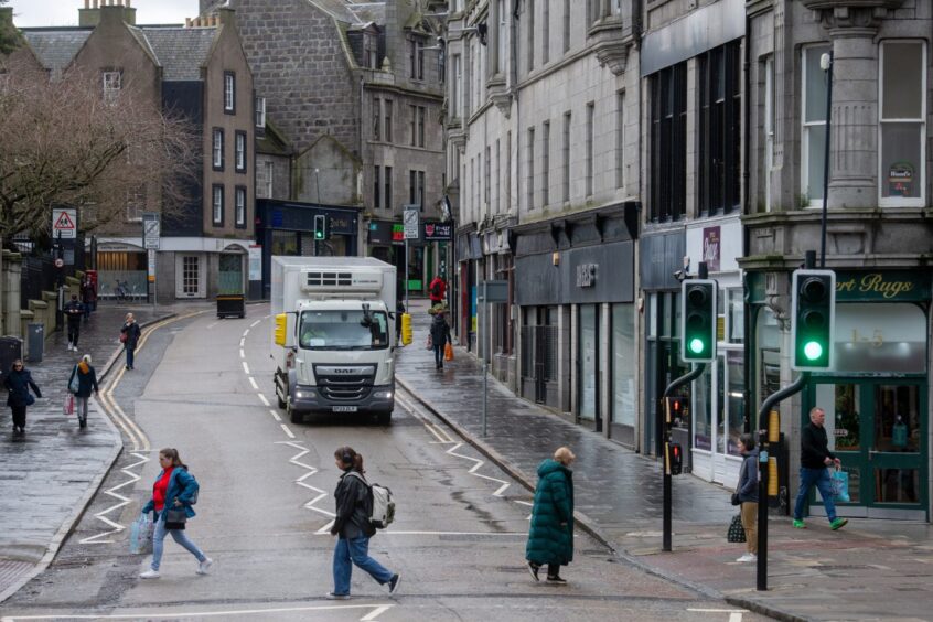 There are restricted loading times on Schoolhill since Aberdeen City Council made the street pedestrian-priority, alongside installing the bus gates around the city centre. Image: Kath Flannery/DC Thomson