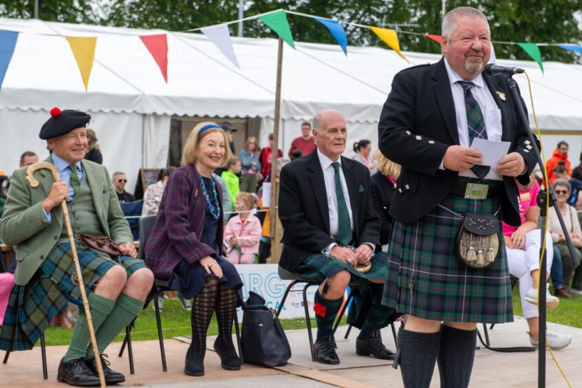 Chairman Doug Petrie speaking at the official opening by David Rintoul and Vivian Heilbron seated alongside Lord Lieutenant Sandy Manson